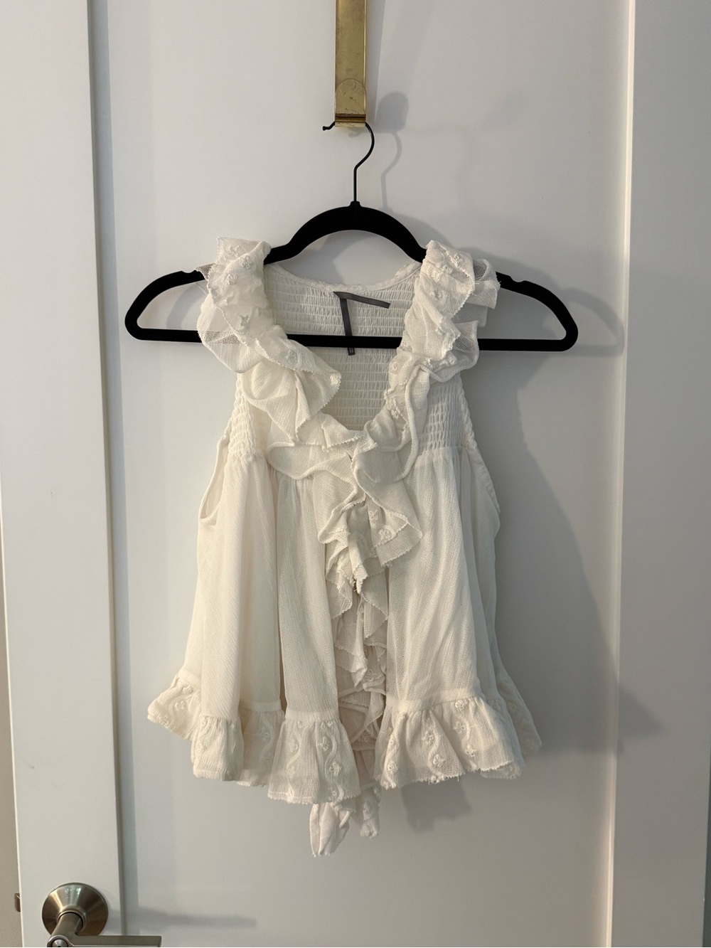 Anthropologie Cream Ruffled Sleeveless Top
